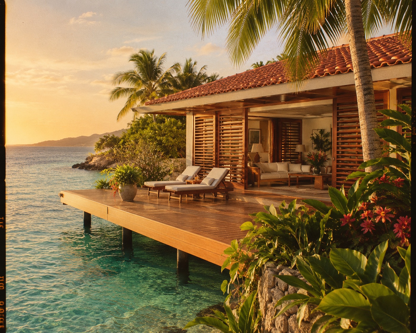 Resort deck over turquoise water at sunset